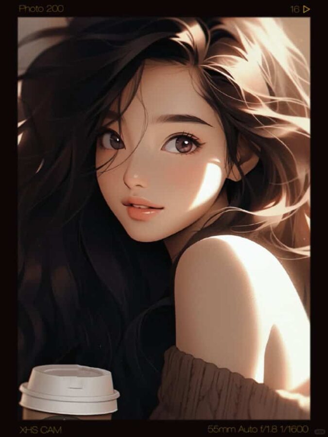 AI动漫温柔气质长发女孩手拿咖啡奶茶头像_3