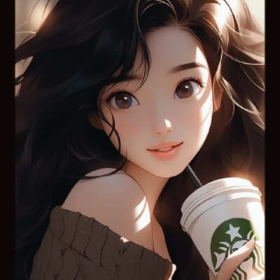 AI动漫温柔气质长发女孩手拿咖啡奶茶头像