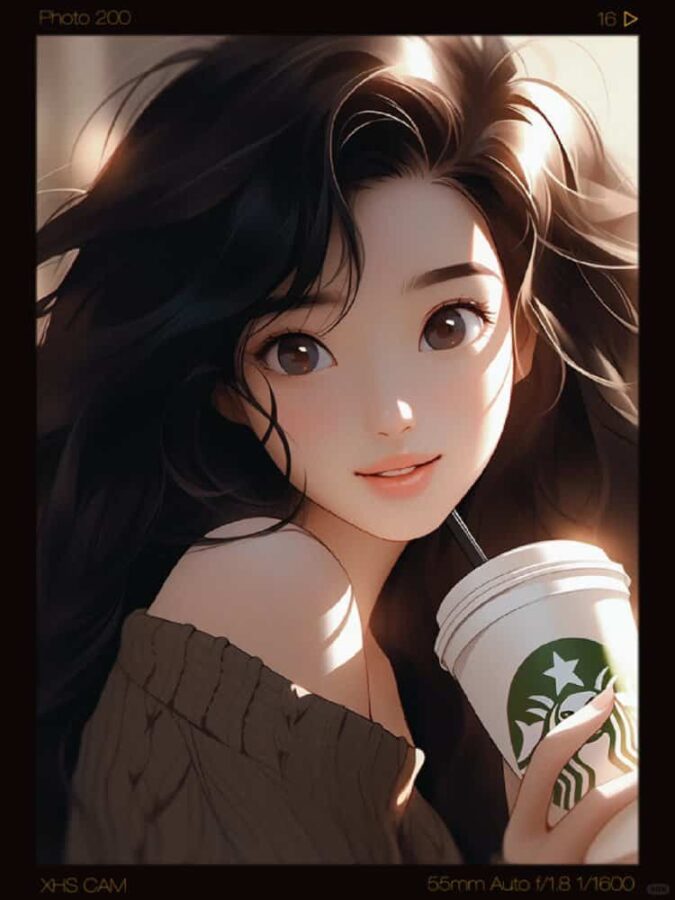 AI动漫温柔气质长发女孩手拿咖啡奶茶头像_4
