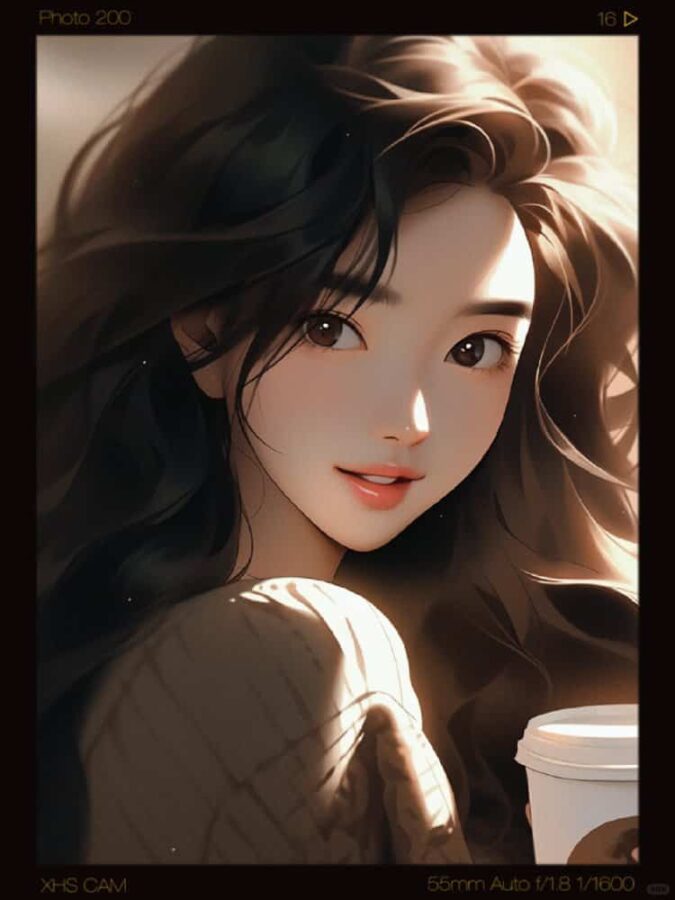 AI动漫温柔气质长发女孩手拿咖啡奶茶头像_5