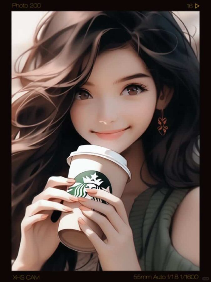 AI动漫温柔气质长发女孩手拿咖啡奶茶头像_8