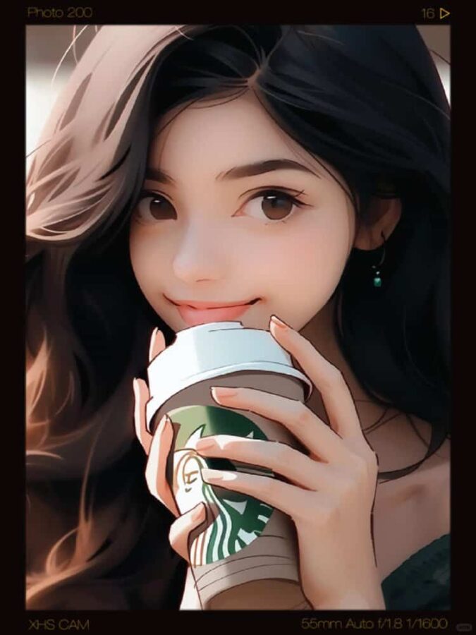 AI动漫温柔气质长发女孩手拿咖啡奶茶头像_10