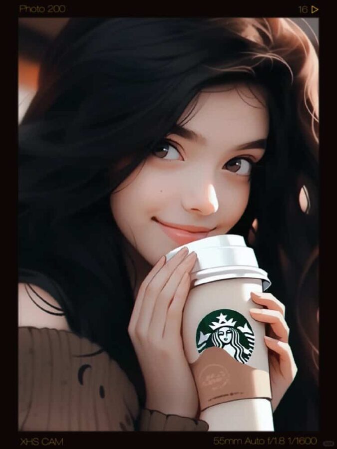 AI动漫温柔气质长发女孩手拿咖啡奶茶头像_11