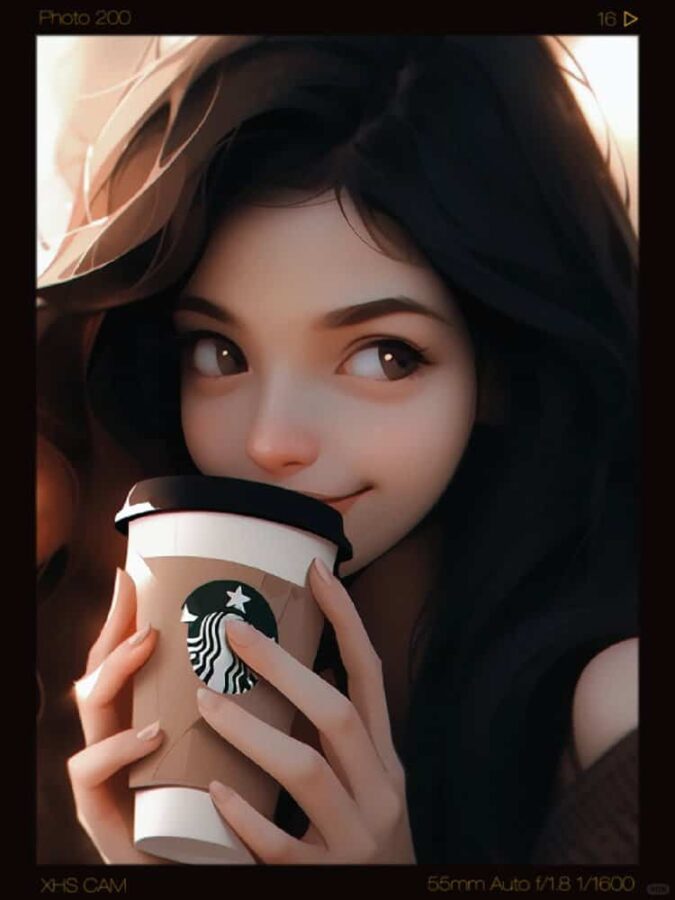 AI动漫温柔气质长发女孩手拿咖啡奶茶头像_12