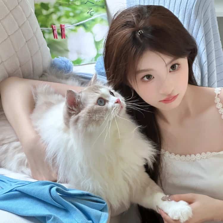 日系长发女孩和猫合照女生头像_11