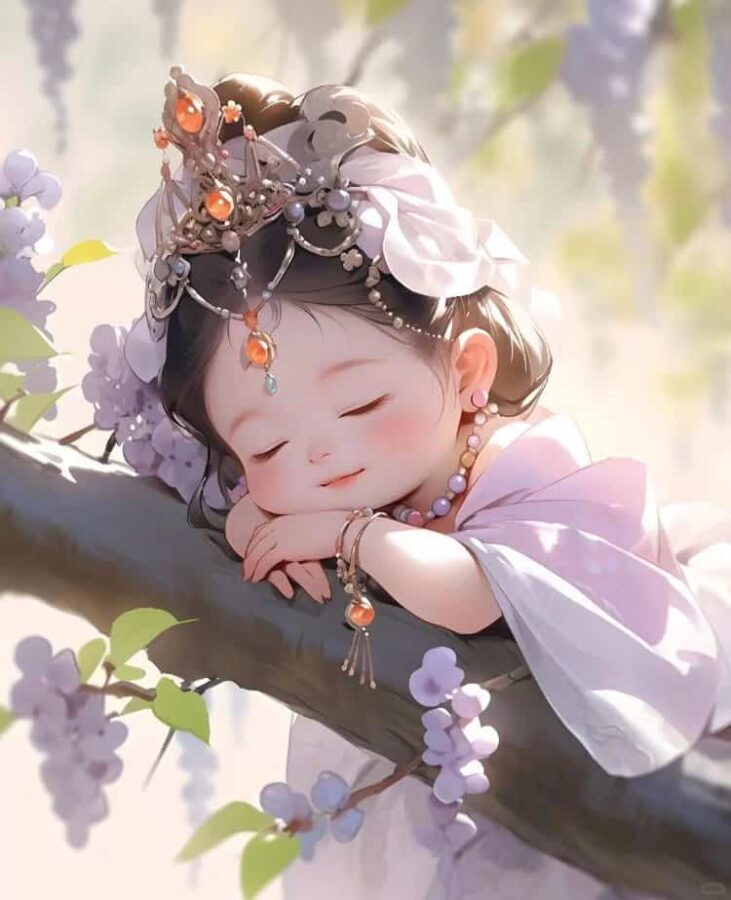 古风可爱小女孩趴在树上睡懒觉女生头像 AI古装女孩动漫微信头像_1