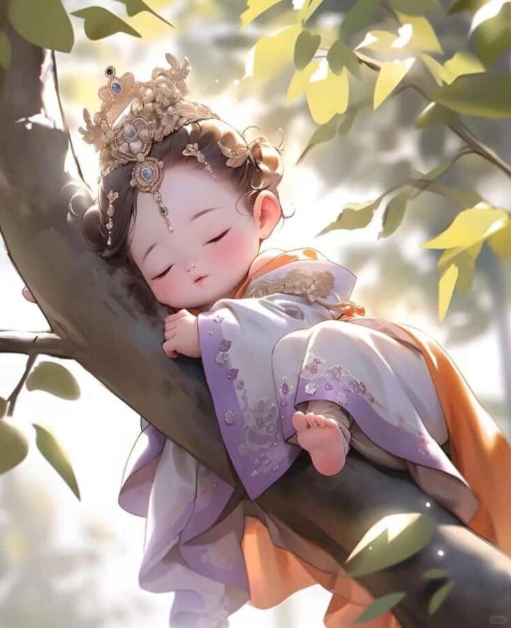 古风可爱小女孩趴在树上睡懒觉女生头像 AI古装女孩动漫微信头像_2