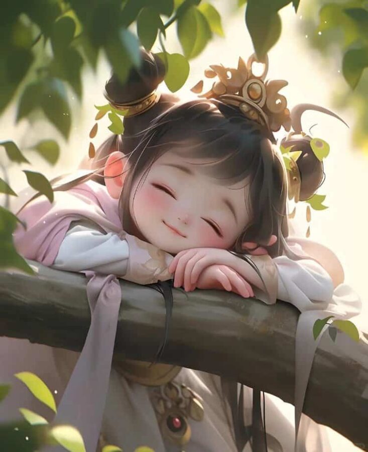 古风可爱小女孩趴在树上睡懒觉女生头像 AI古装女孩动漫微信头像_3