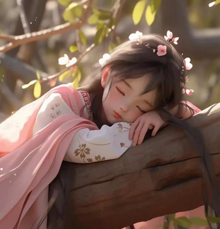 古风可爱小女孩趴在树上睡懒觉女生头像 AI古装女孩动漫微信头像_5