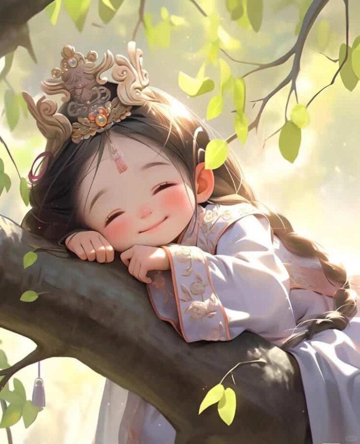 古风可爱小女孩趴在树上睡懒觉女生头像 AI古装女孩动漫微信头像_9