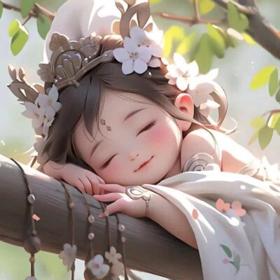 古风可爱小女孩趴在树上睡懒觉女生头像 AI古装女孩动漫微信头像