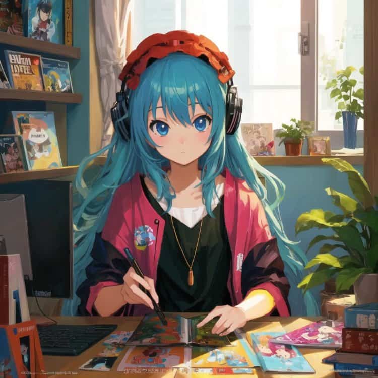AI二次元动漫长发宅女在家打游戏的女生头像_1
