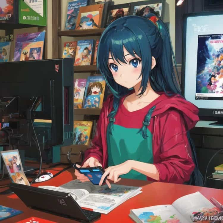 AI二次元动漫长发宅女在家打游戏的女生头像_3