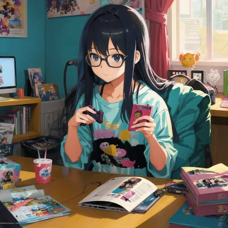 AI二次元动漫长发宅女在家打游戏的女生头像_6