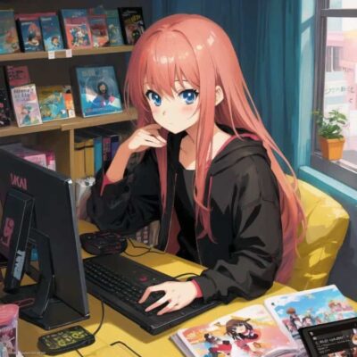 AI二次元动漫长发宅女在家打游戏的女生头像
