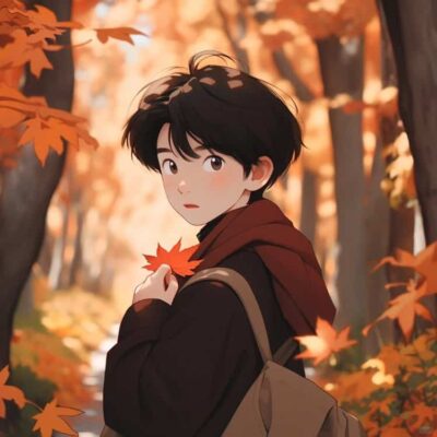 AI动漫温柔可爱风枫叶下的男孩和女孩情头 适合秋天的微信情侣头像