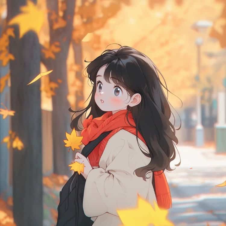 优雅知性的女孩和飘落的枫叶微信头像 AI动漫风小众女生头像_1