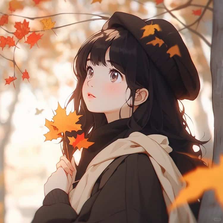 优雅知性的女孩和飘落的枫叶微信头像 AI动漫风小众女生头像_2