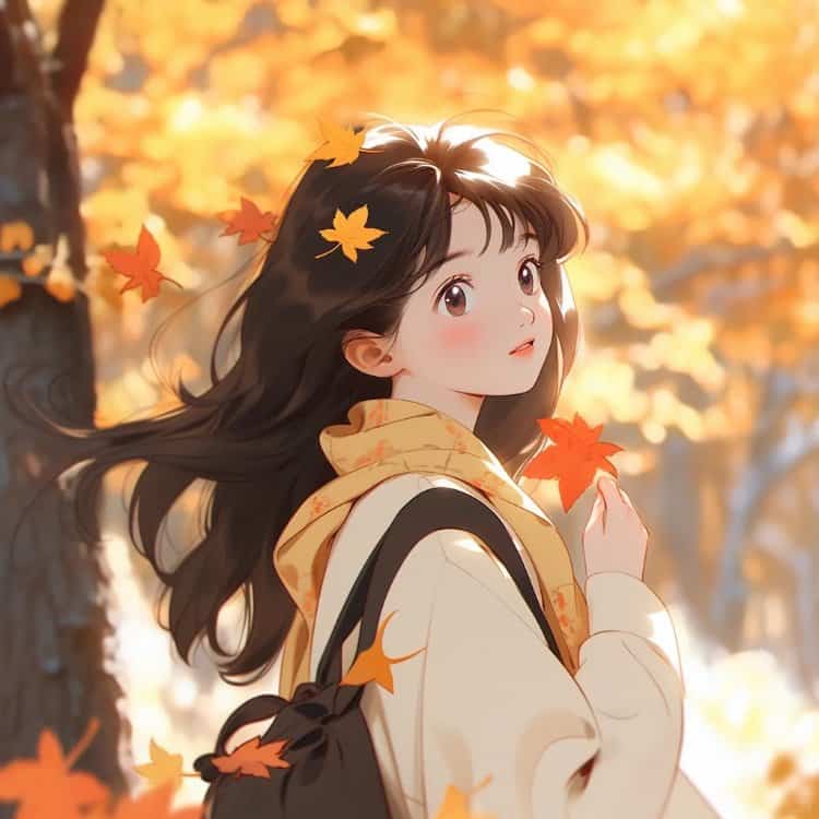 优雅知性的女孩和飘落的枫叶微信头像 AI动漫风小众女生头像_4