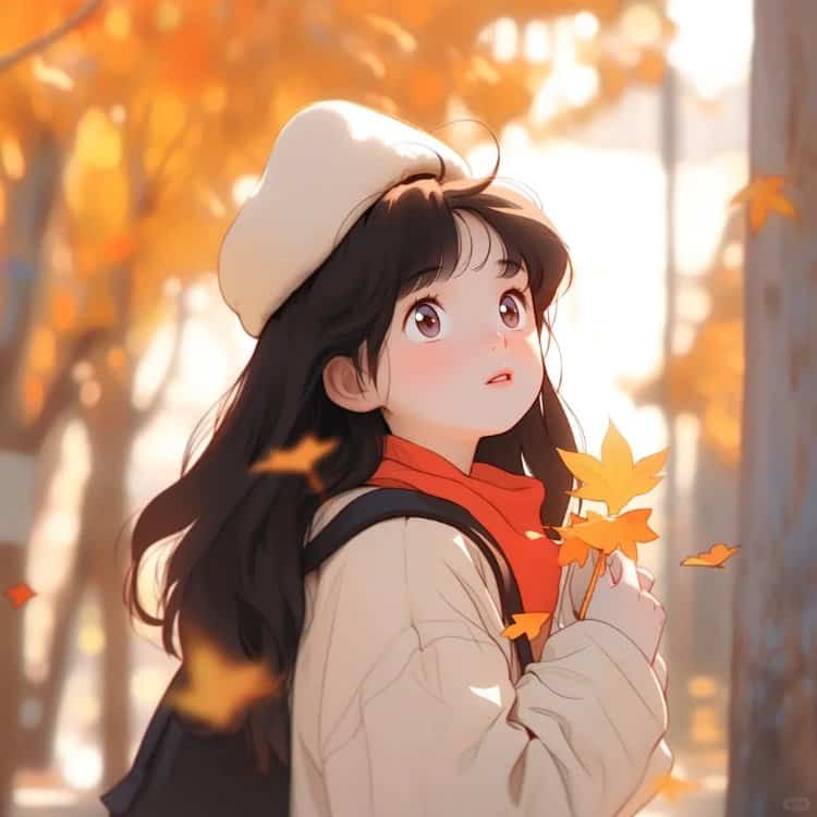 优雅知性的女孩和飘落的枫叶微信头像 AI动漫风小众女生头像_18