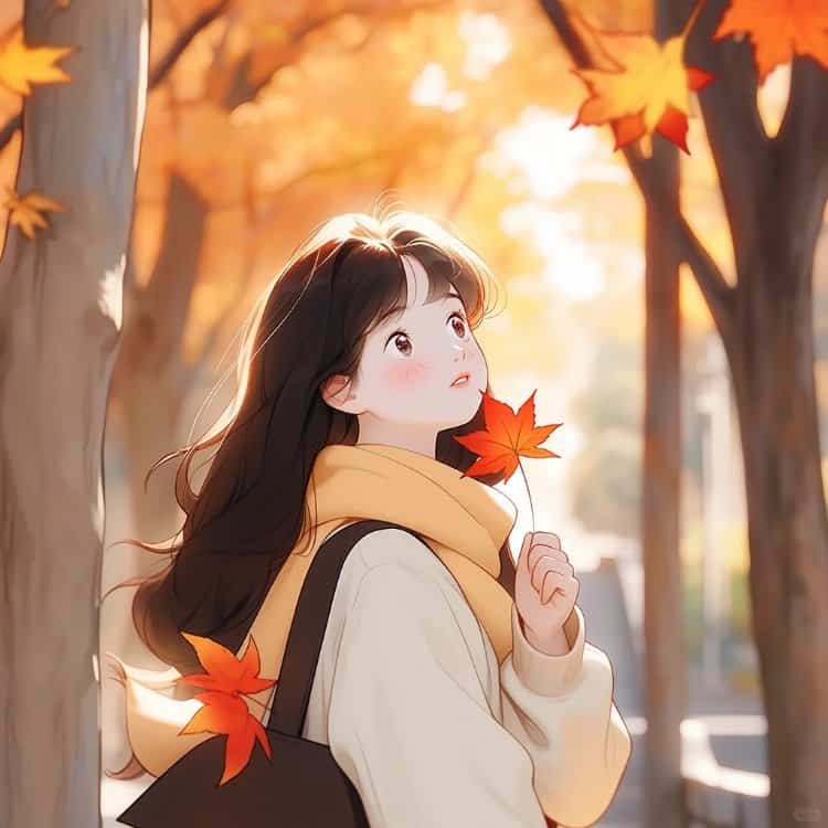 优雅知性的女孩和飘落的枫叶微信头像 AI动漫风小众女生头像_19