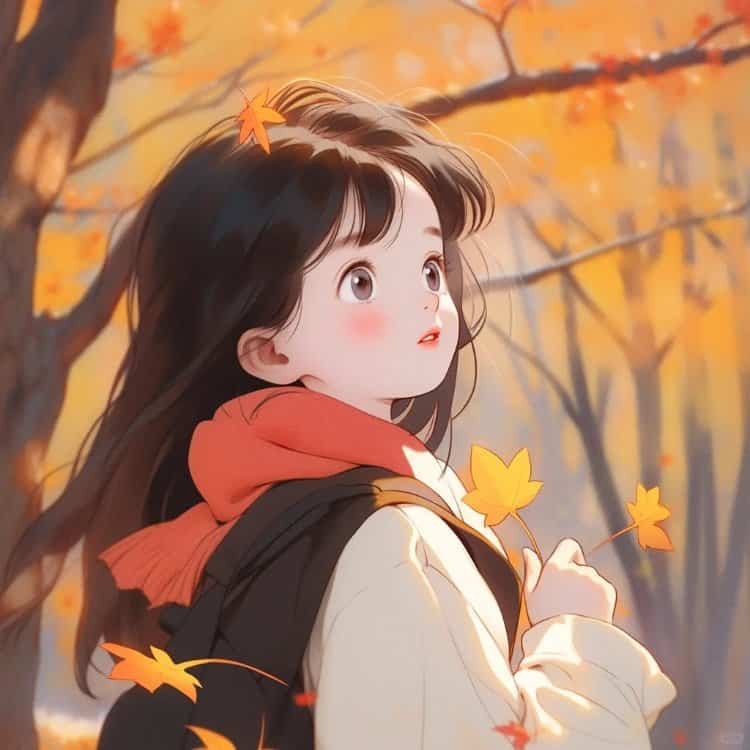 优雅知性的女孩和飘落的枫叶微信头像 AI动漫风小众女生头像_21