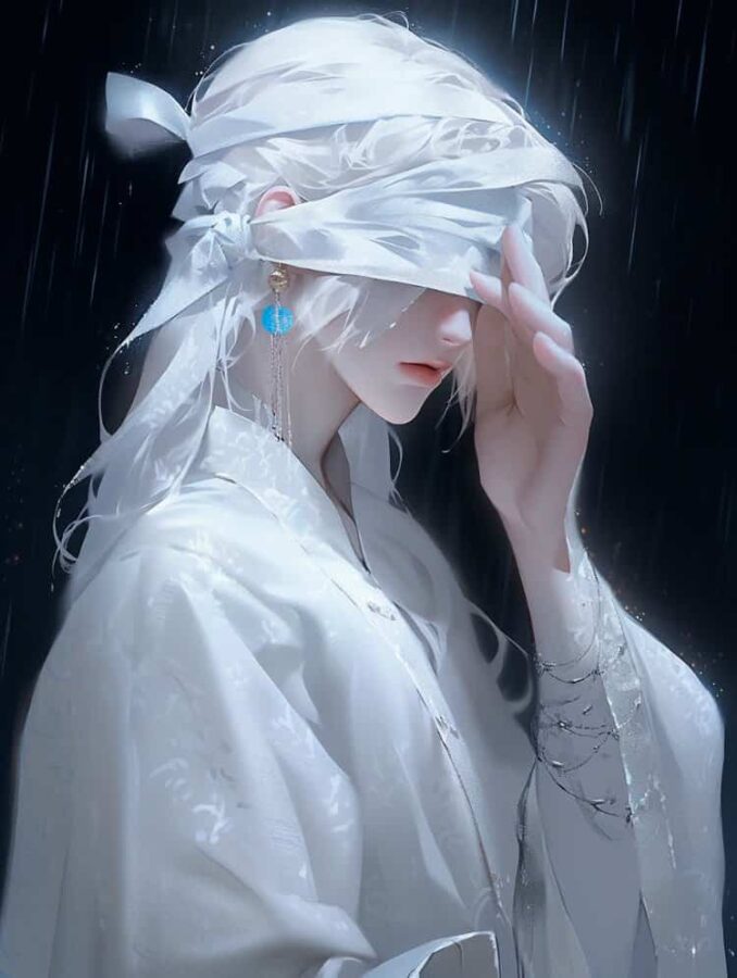 古风丝带遮眼白发男生头像 动漫唯美氛围感仙侠风纱布蒙眼男头_3