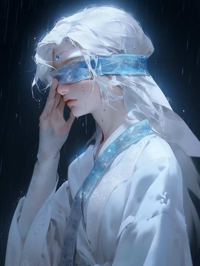 古风丝带遮眼白发男生头像 动漫唯美氛围感仙侠风纱布蒙眼男头_5