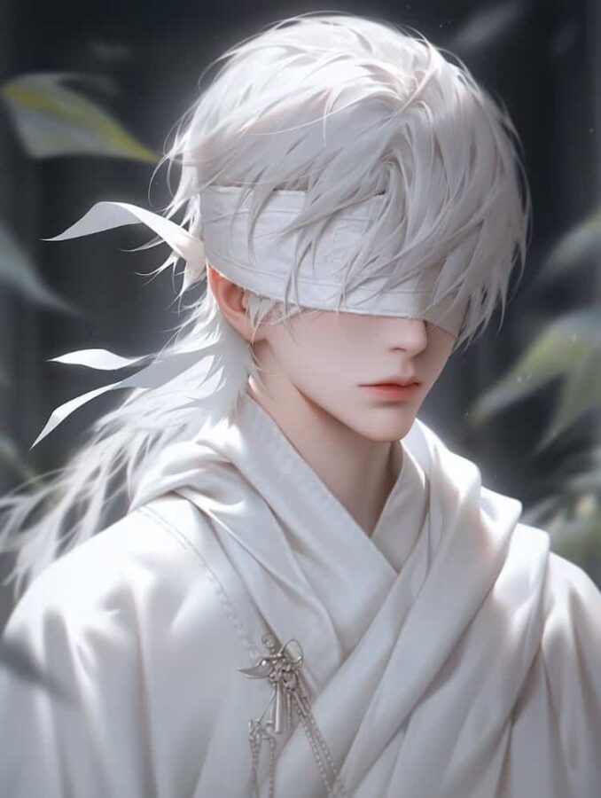 古风丝带遮眼白发男生头像 动漫唯美氛围感仙侠风纱布蒙眼男头_6