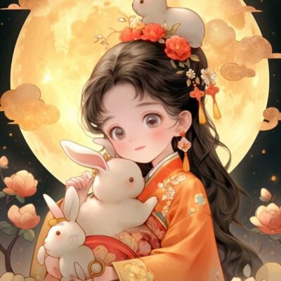 中秋节女孩抱兔子月亮背景微信头像 AI嫦娥玉兔氛围感可爱动漫女头