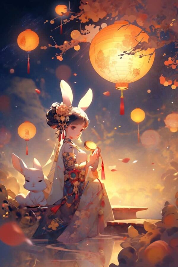 中秋节女孩抱兔子月亮背景微信头像 AI嫦娥玉兔氛围感可爱动漫女头_3
