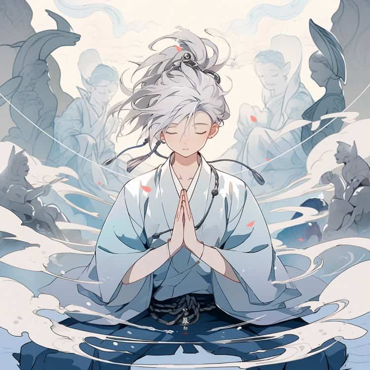 佛系灰白蓝色打坐男孩古风系列微信头像 酷帅动漫男生头像_8