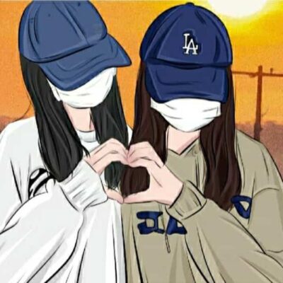 神秘女生戴口罩和蓝色鸭舌帽比心合照闺蜜头像 AI手绘风格女头