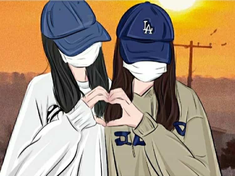 神秘女生戴口罩和蓝色鸭舌帽比心合照闺蜜头像 AI手绘风格女头_1