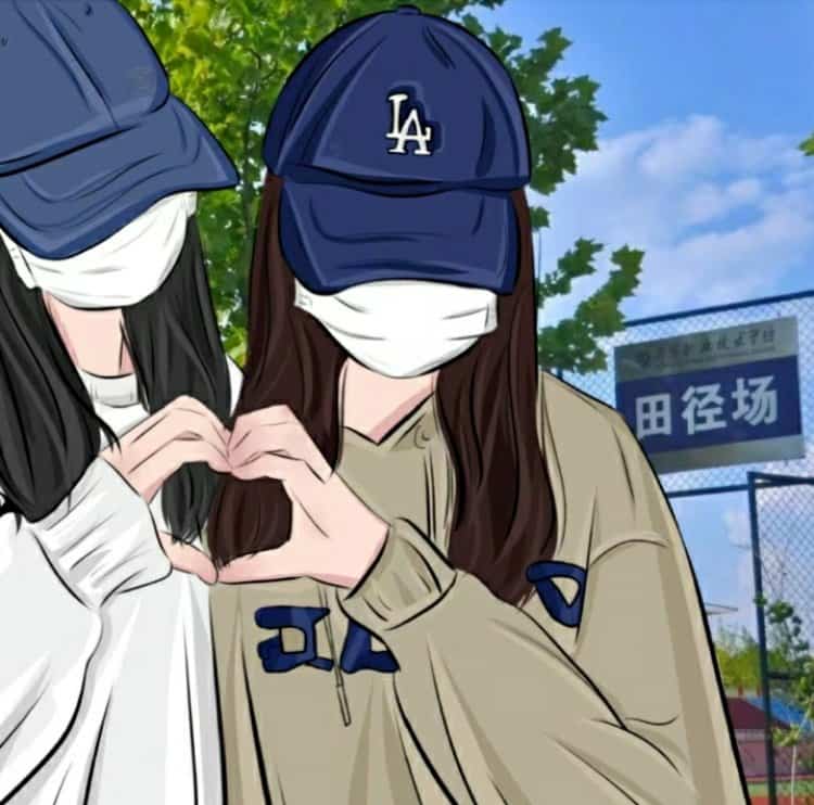 神秘女生戴口罩和蓝色鸭舌帽比心合照闺蜜头像 AI手绘风格女头_4
