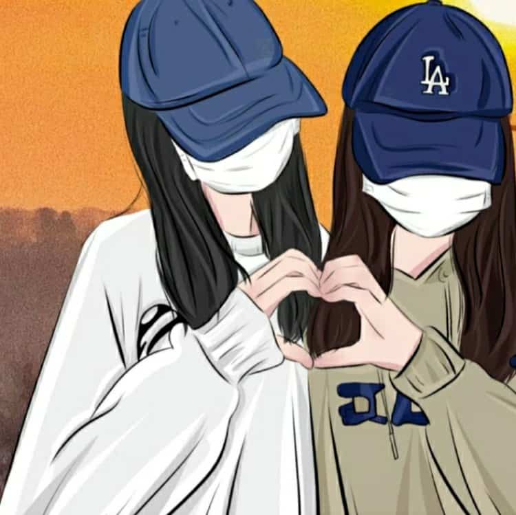 神秘女生戴口罩和蓝色鸭舌帽比心合照闺蜜头像 AI手绘风格女头_5