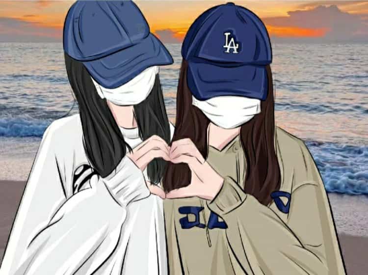 神秘女生戴口罩和蓝色鸭舌帽比心合照闺蜜头像 AI手绘风格女头_6