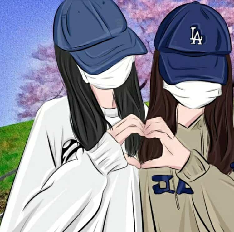 神秘女生戴口罩和蓝色鸭舌帽比心合照闺蜜头像 AI手绘风格女头_7