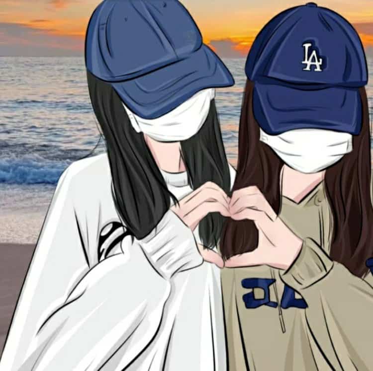 神秘女生戴口罩和蓝色鸭舌帽比心合照闺蜜头像 AI手绘风格女头_8