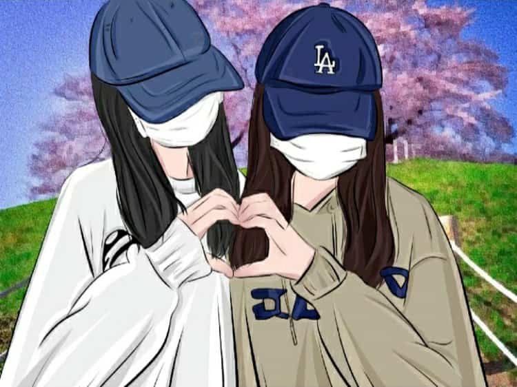 神秘女生戴口罩和蓝色鸭舌帽比心合照闺蜜头像 AI手绘风格女头_10