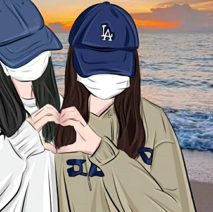 神秘女生戴口罩和蓝色鸭舌帽比心合照闺蜜头像 AI手绘风格女头_11