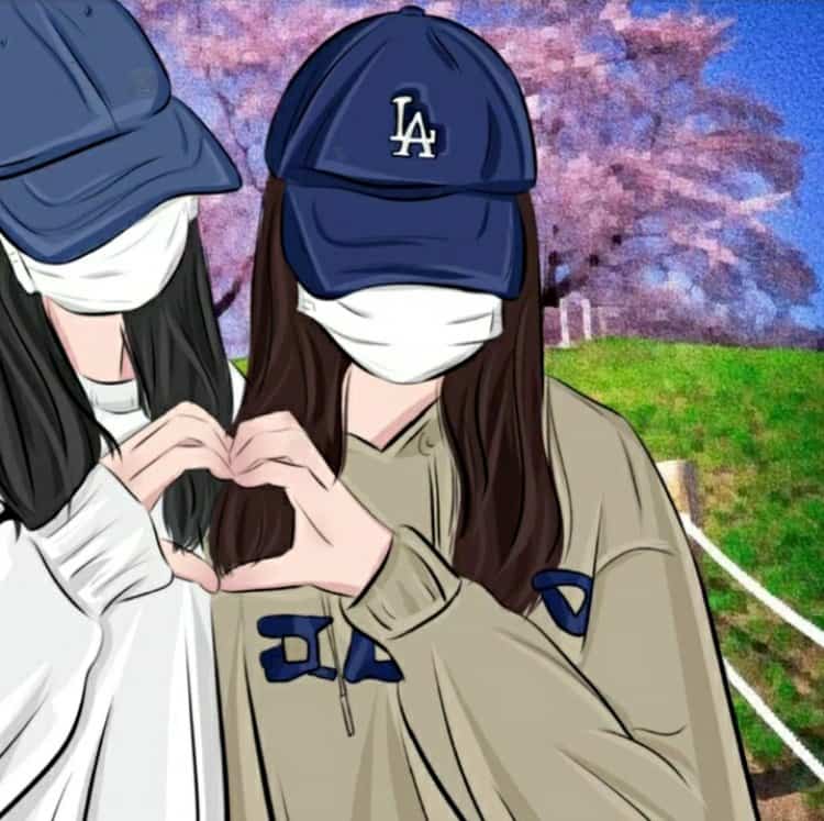 神秘女生戴口罩和蓝色鸭舌帽比心合照闺蜜头像 AI手绘风格女头_12