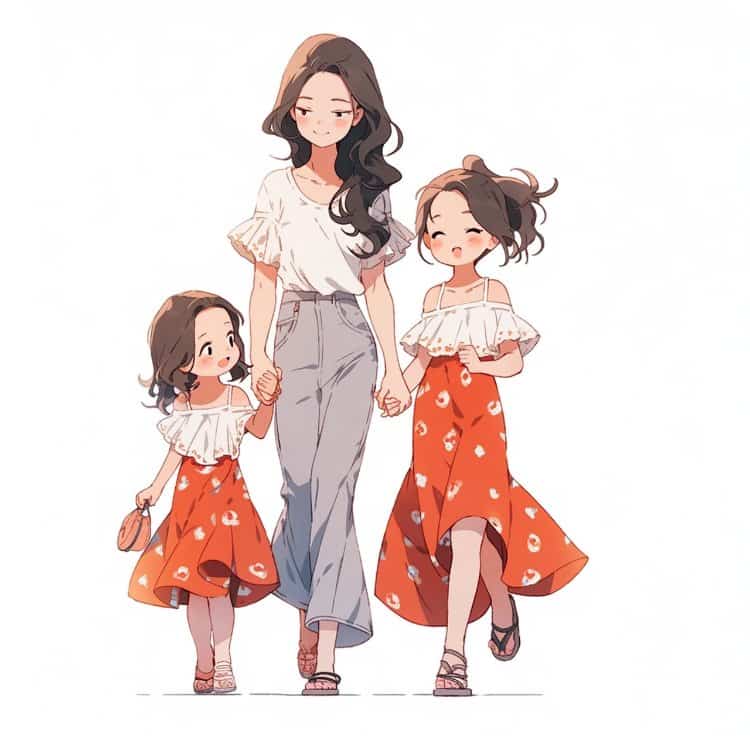 妈妈带两个女儿温馨亲子微信头像 手绘有爱的卡通亲子头像_1