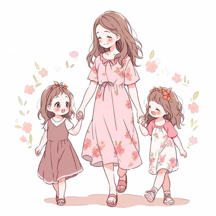 妈妈带两个女儿温馨亲子微信头像 手绘有爱的卡通亲子头像_2