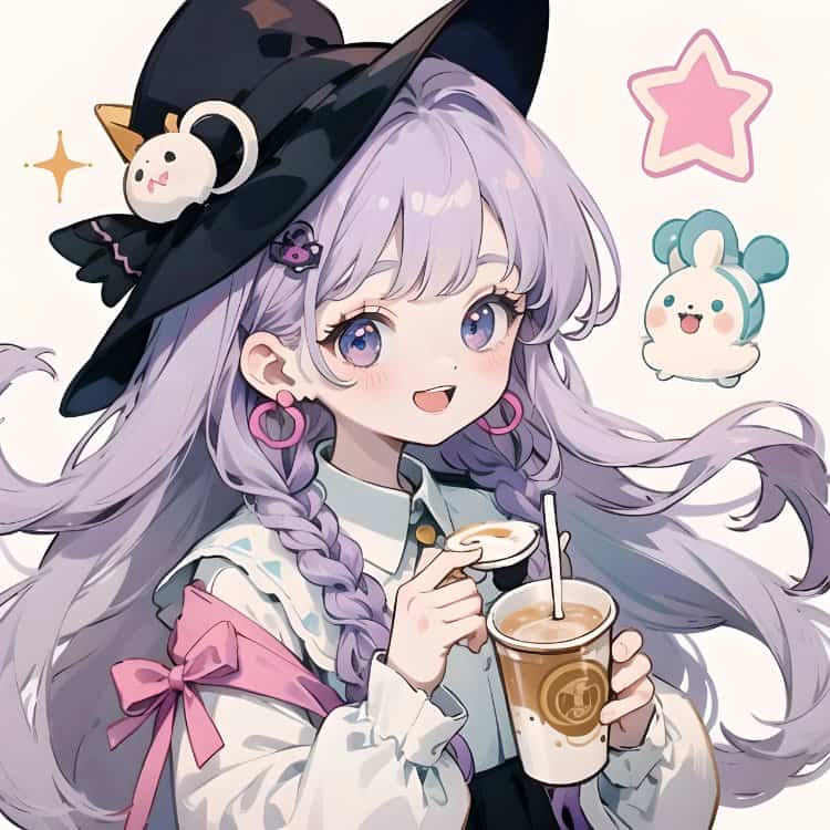 唯美紫色系喝奶茶的女孩微信头像 奶茶控必备动漫女头_3