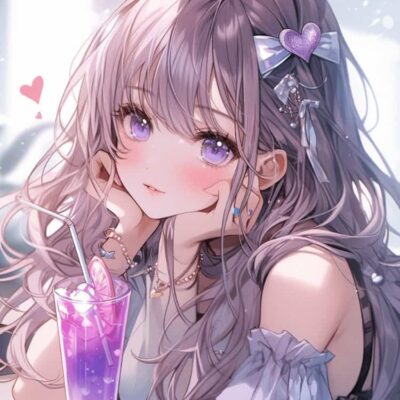 唯美紫色系喝奶茶的女孩微信头像 奶茶控必备动漫女头