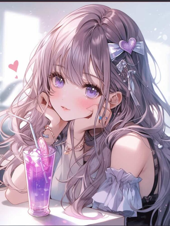 唯美紫色系喝奶茶的女孩微信头像 奶茶控必备动漫女头_5