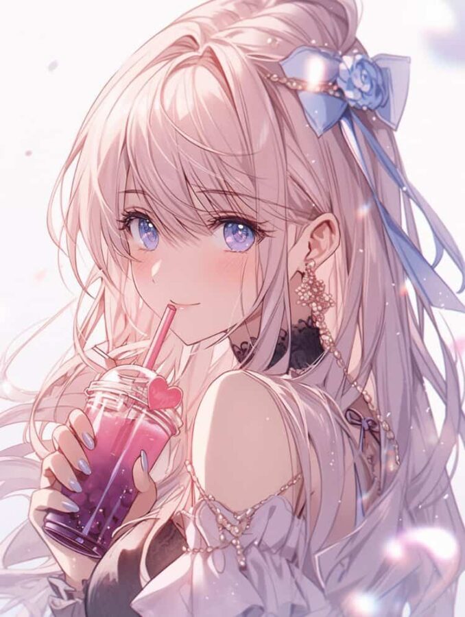 唯美紫色系喝奶茶的女孩微信头像 奶茶控必备动漫女头_10