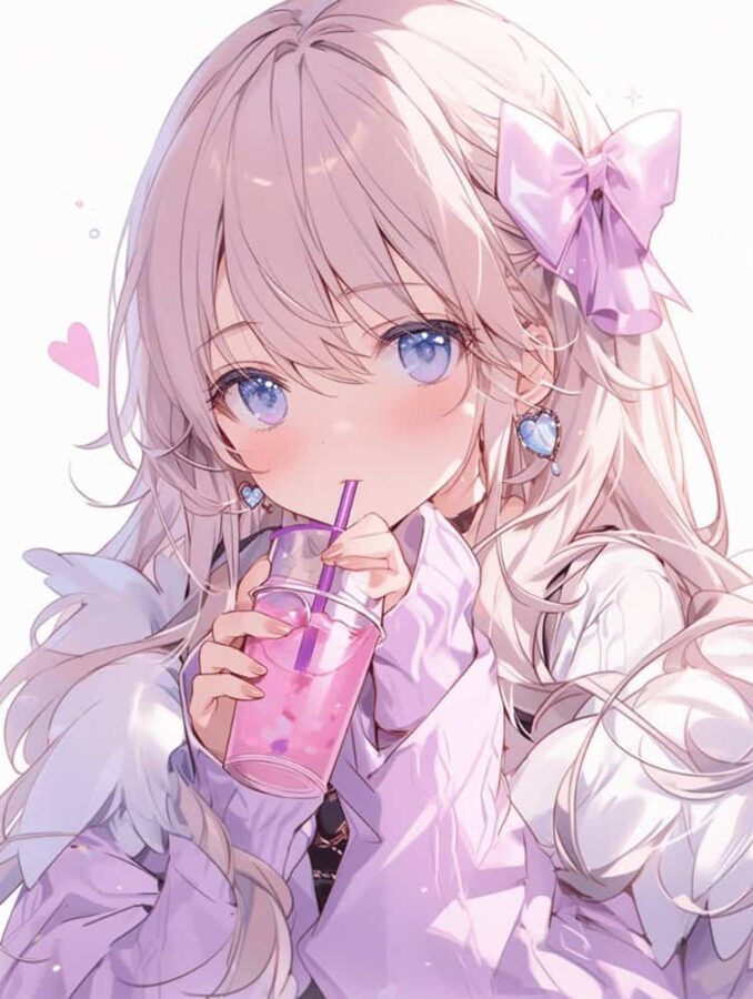 唯美紫色系喝奶茶的女孩微信头像 奶茶控必备动漫女头_12