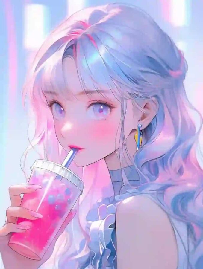 唯美紫色系喝奶茶的女孩微信头像 奶茶控必备动漫女头_13